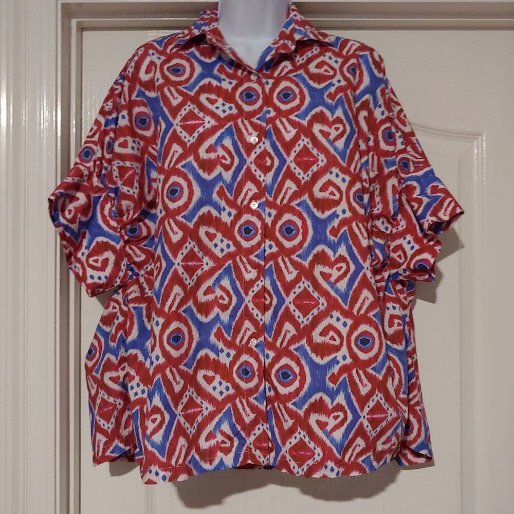 V. DE. Vinster Boho Oversize Flowy Ikat Top S Artisanal Cotton Button